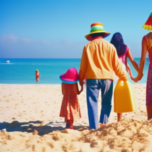 An image of a family walking hand in hand on a sandy beach, with vibrant beach towels draped over their shoulders