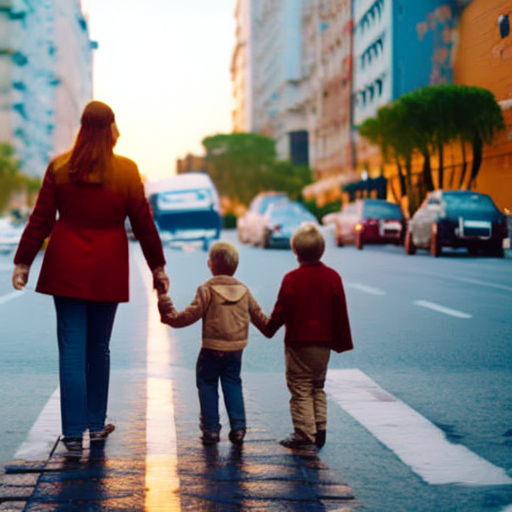 An image that depicts a family exploring an unfamiliar destination, with the parents holding their children's hands tightly, while vibrant street signs, maps, and landmarks symbolize the importance of staying safe during travels