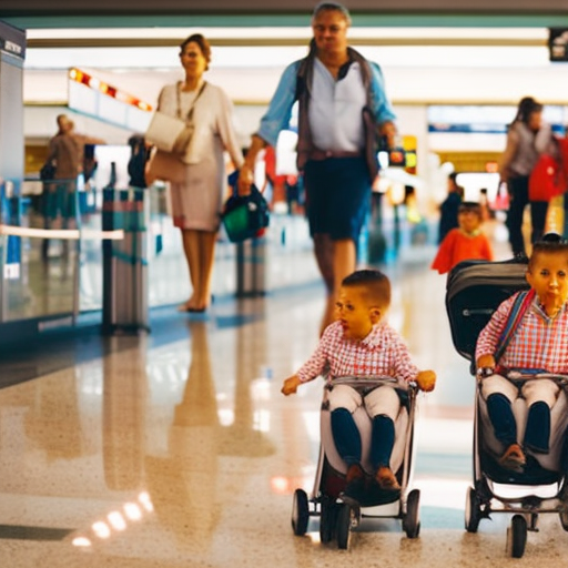 An image of a parent confidently leading their children through a bustling airport