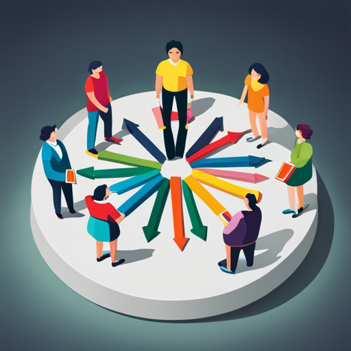 An image depicting a diverse group of tweens confidently standing together, surrounded by a circle of colorful arrows representing peer pressure