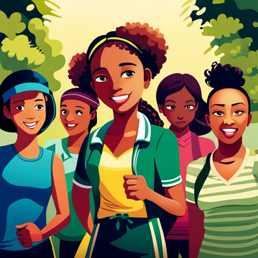 An image of a group of diverse tweens engaging in outdoor activities like jogging, cycling, and playing sports, surrounded by lush greenery and vibrant flowers, showcasing the importance of exercise and nature in establishing healthy habits during puberty