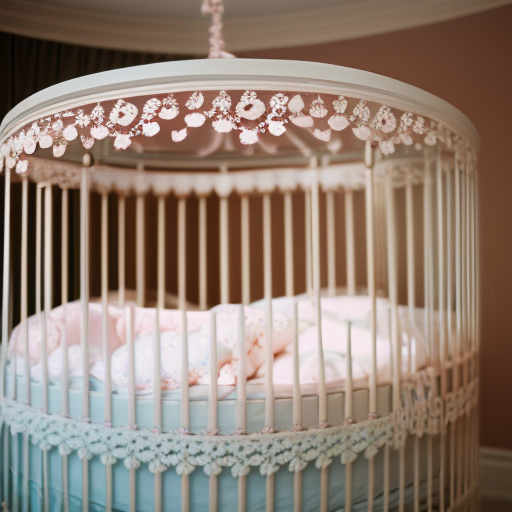 An image showcasing the elegance of round cribs, featuring a pristine white, circular crib adorned with delicate lace bedding and a plush canopy, nestled in a serene nursery with soft pastel hues
