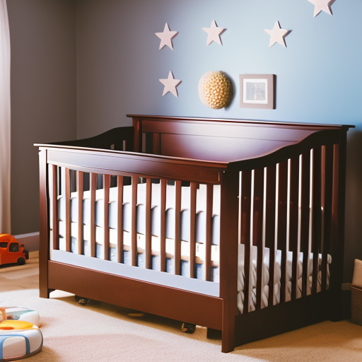 An image showcasing a convertible crib in a nursery setting, featuring its adjustable mattress height, removable side rails, and transformative design that seamlessly transitions into a toddler bed, daybed, and even a full-sized bed