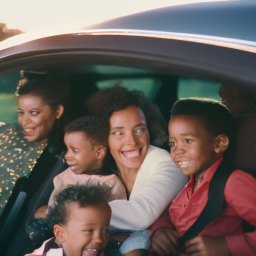 An image showcasing a diverse group of smiling families buckling up their children in car seats, emphasizing the importance of car seat laws