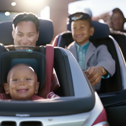An image depicting a diverse group of parents happily installing car seats in their vehicles, surrounded by Consumer Reports rating stars hovering above each seat