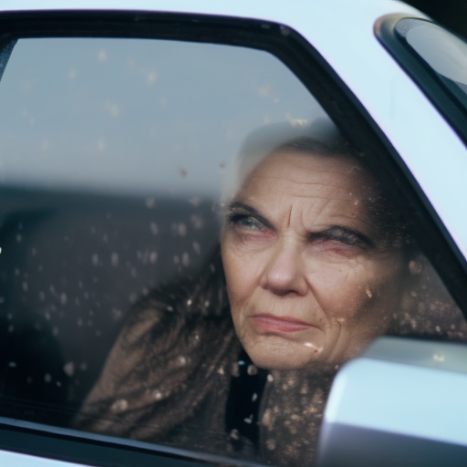 An image showcasing a worried parent's face peering through a shattered car window, emphasizing the criticality of car seat ratings