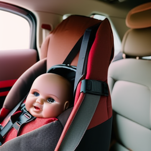 An image showcasing a rear-facing 5-point harness car seat, securely installed in a vehicle with a baby doll strapped in