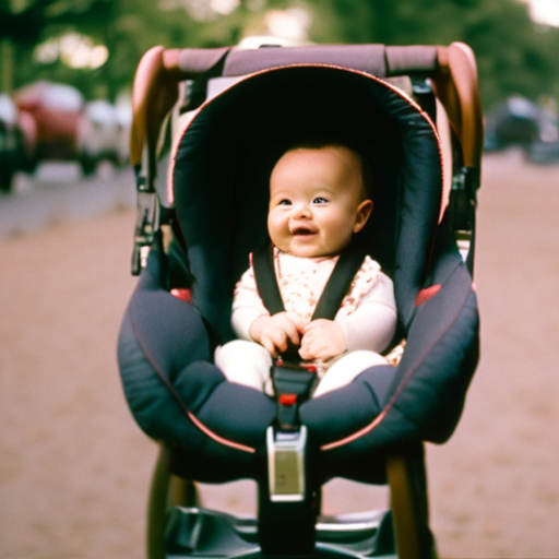 An image illustrating a smiling baby securely strapped into a rear-facing infant car seat, surrounded by soft padding and a sturdy harness, showcasing the proper positioning and safety features of this stage