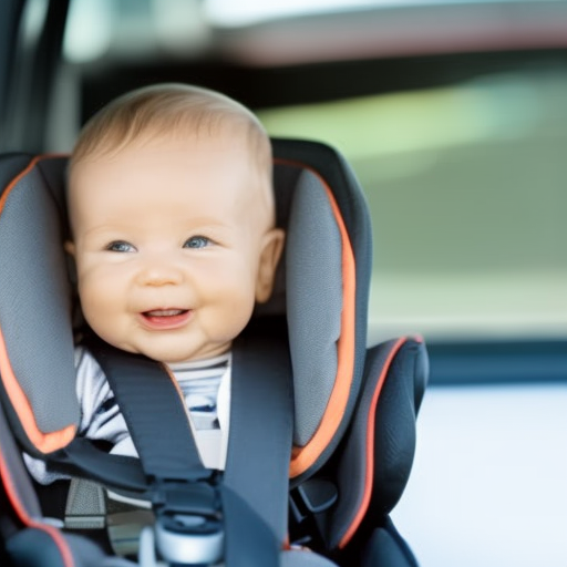 An image depicting a convertible car seat positioned rear-facing in a vehicle, with a smiling baby securely strapped in the seat