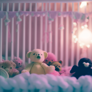 An image that showcases a serene, dimly lit nursery with a contented, slumbering baby peacefully nestled in their crib, surrounded by soft pastel toys and a mobile gently swaying above