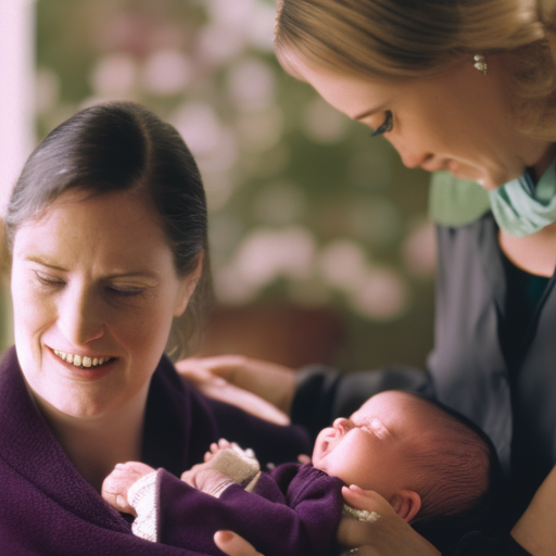 An image depicting a serene nursery setting with a comforting caregiver holding an infant