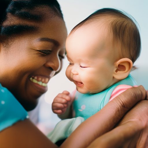 An image that captures the essence of social interaction and attachment in infants, depicting a tender moment between a smiling baby and a caregiver, showcasing their loving connection through eye contact and touch