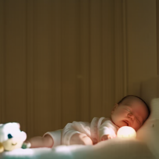 An image depicting a peacefully sleeping infant in a dimly lit nursery, surrounded by soft toys, with gentle moonlight filtering through the curtains, highlighting the delicate contours of the baby's face