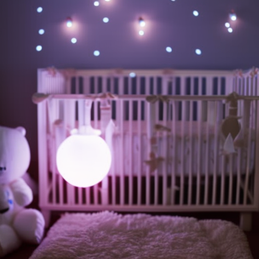 An image of a peaceful nursery at night, with a baby sleeping in a crib