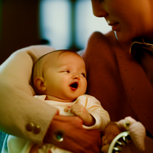 An image depicting a weary parent gently cradling a wide-awake baby in a dimly lit nursery, surrounded by a clock showing the passing hours, symbolizing the exhaustion and patience required to navigate frequent night wakings