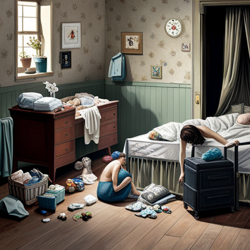 An image depicting a tired, disheveled mother sitting on the edge of her bed, surrounded by scattered baby items