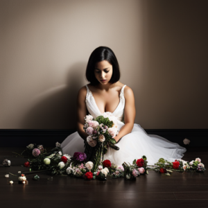 An image of a woman, her face obscured by shadows, sitting alone in a dimly lit room, surrounded by scattered baby toys and a neglected bouquet of flowers