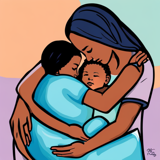 An image featuring a serene mother surrounded by a diverse group of empathetic women, symbolizing a strong support system