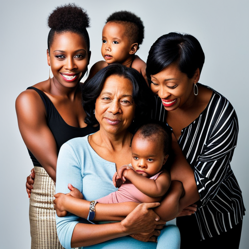 An image depicting a diverse group of women in various stages of motherhood, capturing their emotions