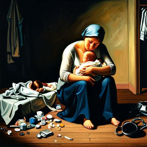 An image depicting a mother, with a tear-streaked face, sitting alone in a dimly lit room, surrounded by baby items untouched