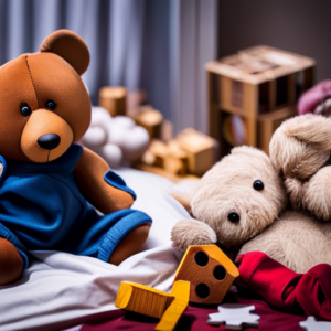 An image that portrays the delicate balance of vulnerability in parenting: a worn-out teddy bear left on a disheveled bed, surrounded by scattered toys, as a parent gazes out the window with a mix of exhaustion and love