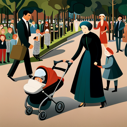 An image depicting a parent pushing a stroller through a crowded park, their face masked with uncertainty, while surrounding figures cast judgmental glances, their expressions a mix of disapproval and disdain
