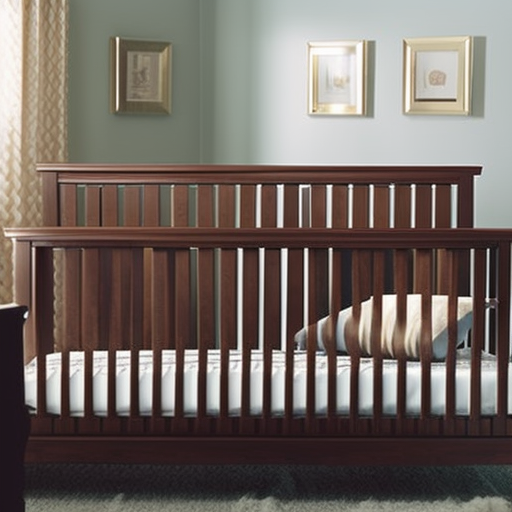 An image showcasing a well-designed Walmart crib with a sturdy wooden frame, rounded edges, and adjustable mattress heights, while adhering to safety guidelines such as fixed-side rails and proper spacing between slats