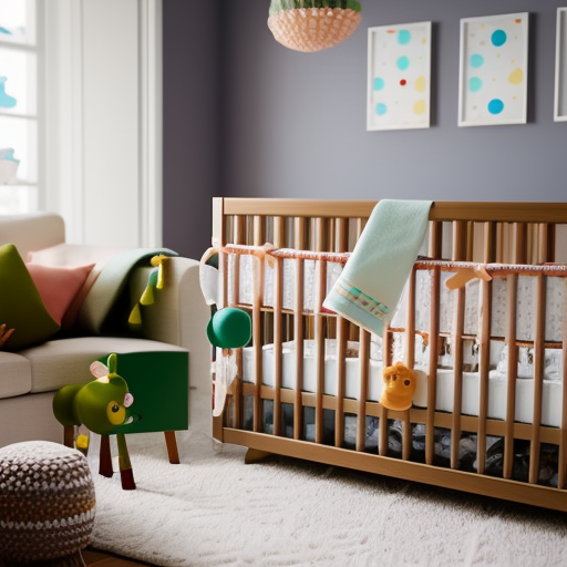 An image showcasing a stylish Wayfair crib in a well-lit nursery, surrounded by cheerful toys and soft blankets