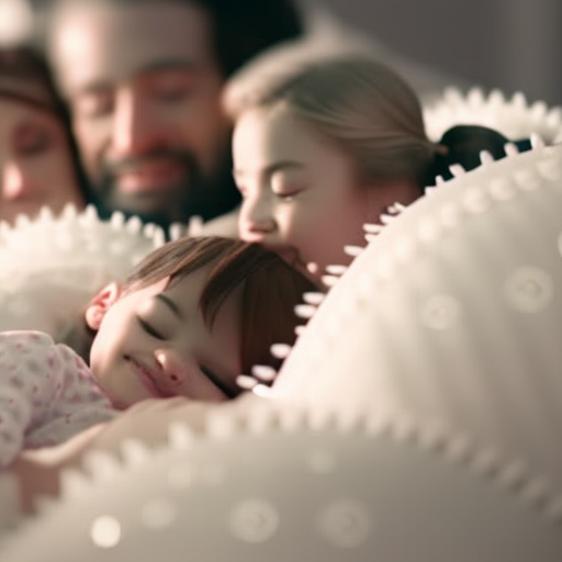 An image showcasing a happy family peacefully sleeping in their Wayfair crib, surrounded by thought bubbles filled with positive customer reviews and feedback, symbolizing the product's comfort and customer satisfaction