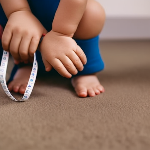 An image showcasing a parent's hands measuring their toddler's feet with a flexible measuring tape