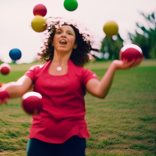 An image of a working mother effortlessly juggling multiple colorful balls in the air, her serene expression reflecting the balance she has achieved