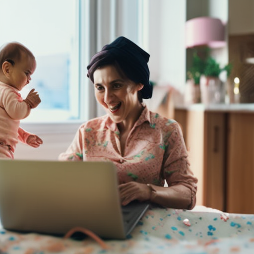 An image of a joyful working mother, confidently multitasking with her laptop and a baby in her arms, surrounded by a messy but warm and lovingly decorated home, symbolizing the beautiful chaos of balancing work and motherhood