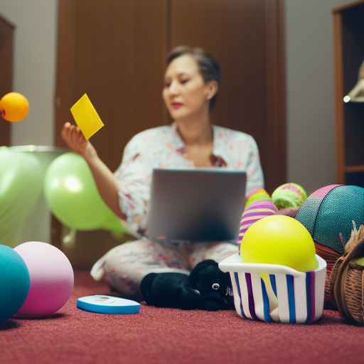An image of a mother effortlessly juggling multiple tasks, surrounded by a whimsical blend of office supplies and baby items