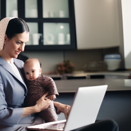 An image capturing a working mother confidently holding a baby on one arm while skillfully typing an email on her laptop with the other, symbolizing seamless communication between a working mother and her employer