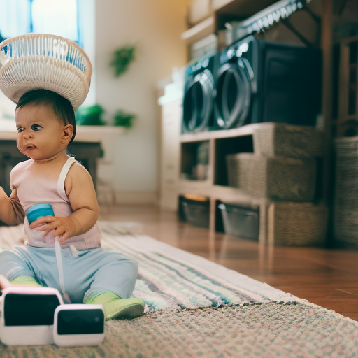 An image capturing a frazzled working mom juggling a laptop, baby bottle, and laundry basket, showcasing the chaos and demands of balancing work and motherhood