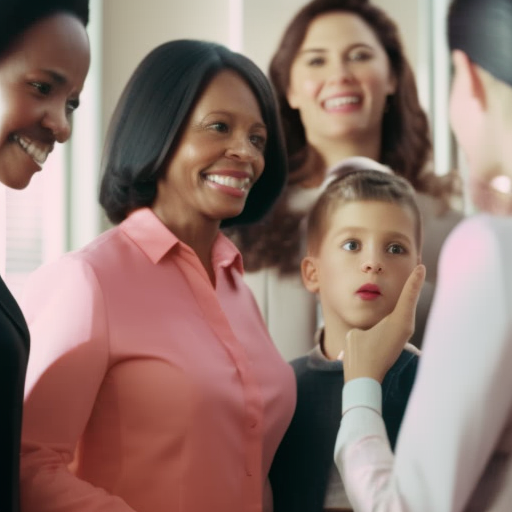 An image capturing a working mother surrounded by a diverse group of supportive family, friends, and colleagues, engaging in heartfelt conversations, exchanging advice, and offering comforting gestures, symbolizing the vital support network in achieving work-life balance